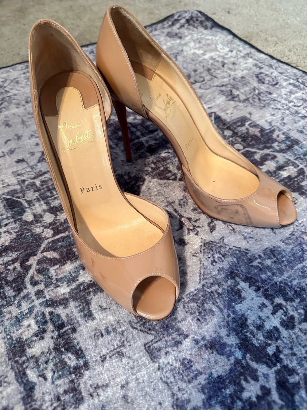 Christian Louboutin Nude Patent Leather Peep-Toe Heels